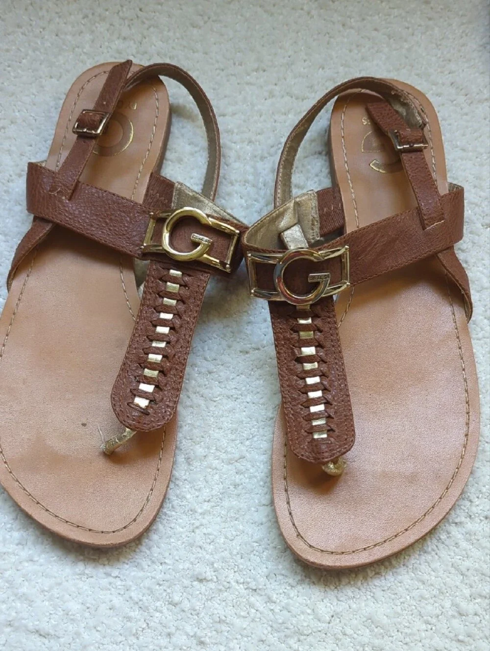 G by Guess Brown and Black T-Strap Sandals with G Hardware